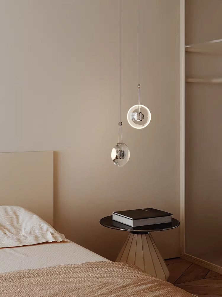 Modern minimalist luxury floating crystal chandelier | Minimalist artistic translucent disc design | Nordic style lighting fixture for living room, dining room, and staircase.