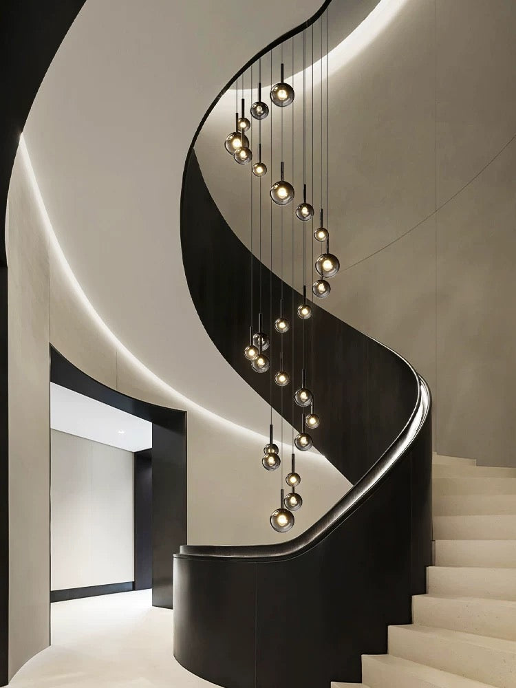 Modern Staircase Chandelier With Gradient Glass Globes
