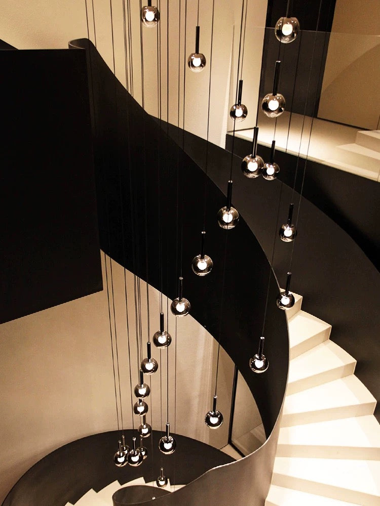 Modern Staircase Chandelier With Gradient Glass Globes