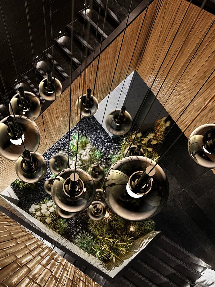 Modern Staircase Chandelier With Gradient Glass Globes