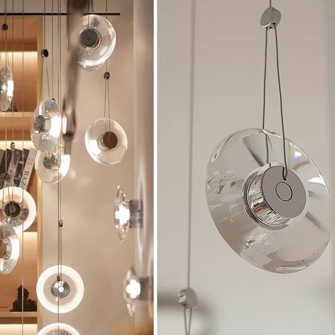 Modern minimalist luxury floating crystal chandelier | Minimalist artistic translucent disc design | Nordic style lighting fixture for living room, dining room, and staircase.