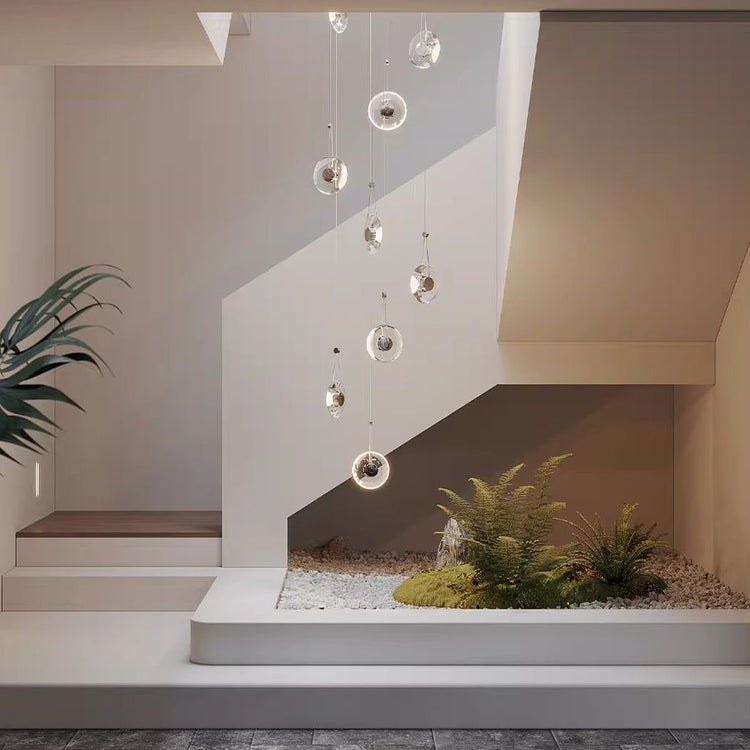 Modern minimalist luxury floating crystal chandelier | Minimalist artistic translucent disc design | Nordic style lighting fixture for living room, dining room, and staircase.