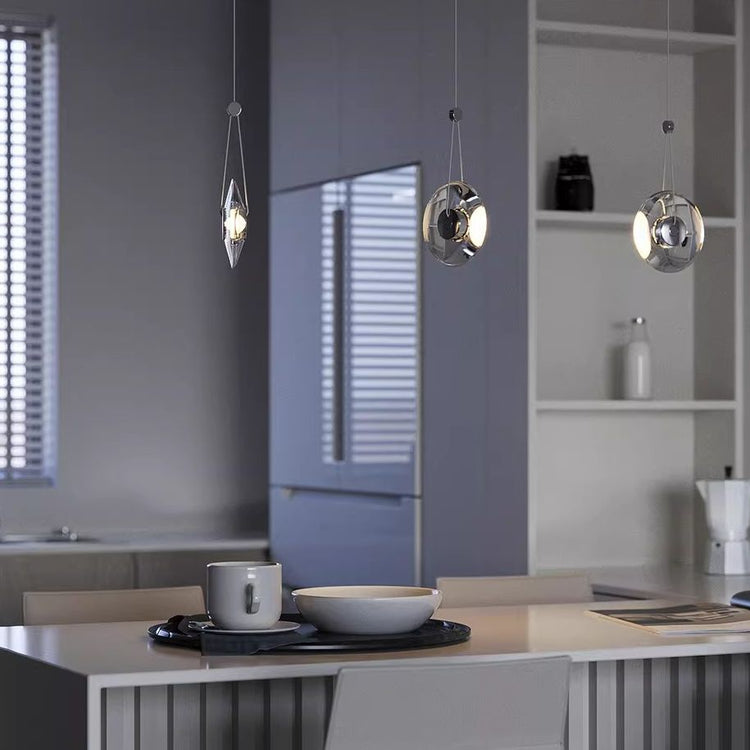 Modern minimalist luxury floating crystal chandelier | Minimalist artistic translucent disc design | Nordic style lighting fixture for living room, dining room, and staircase.