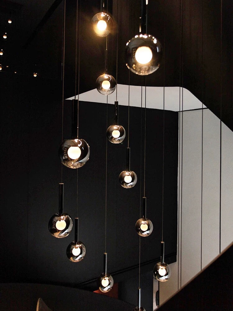 Modern Staircase Chandelier With Gradient Glass Globes