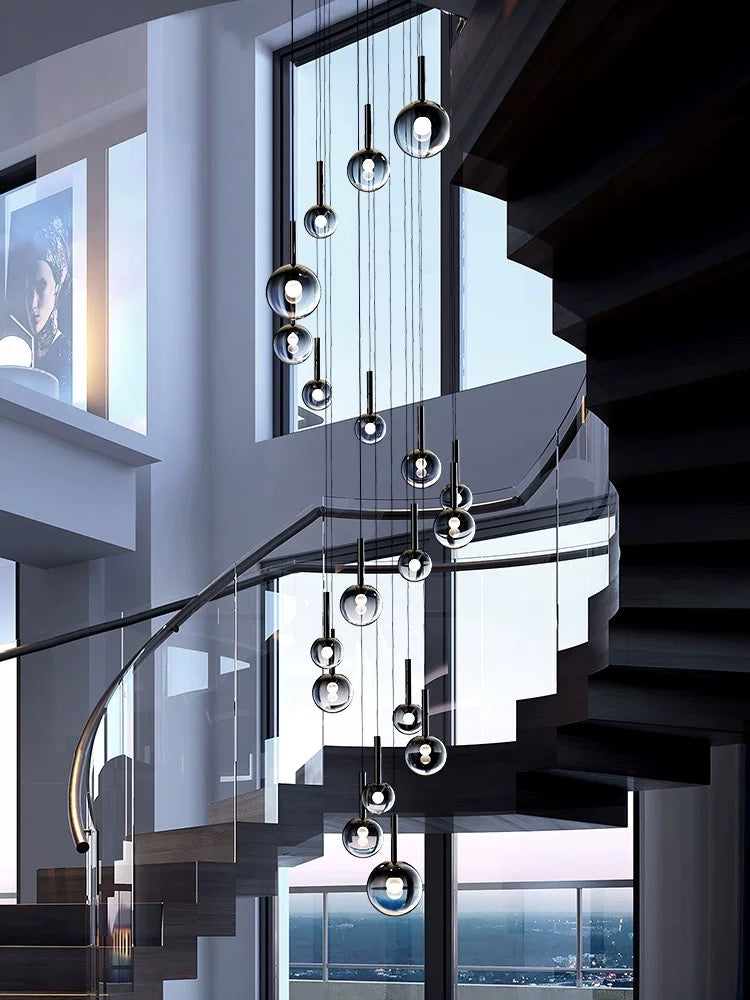 Modern Staircase Chandelier With Gradient Glass Globes