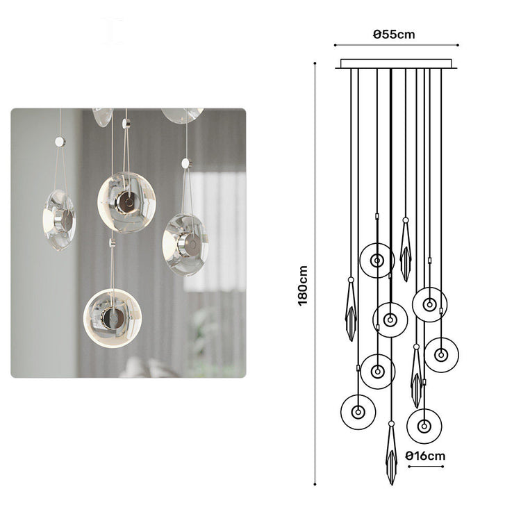 Modern minimalist luxury floating crystal chandelier | Minimalist artistic translucent disc design | Nordic style lighting fixture for living room, dining room, and staircase.