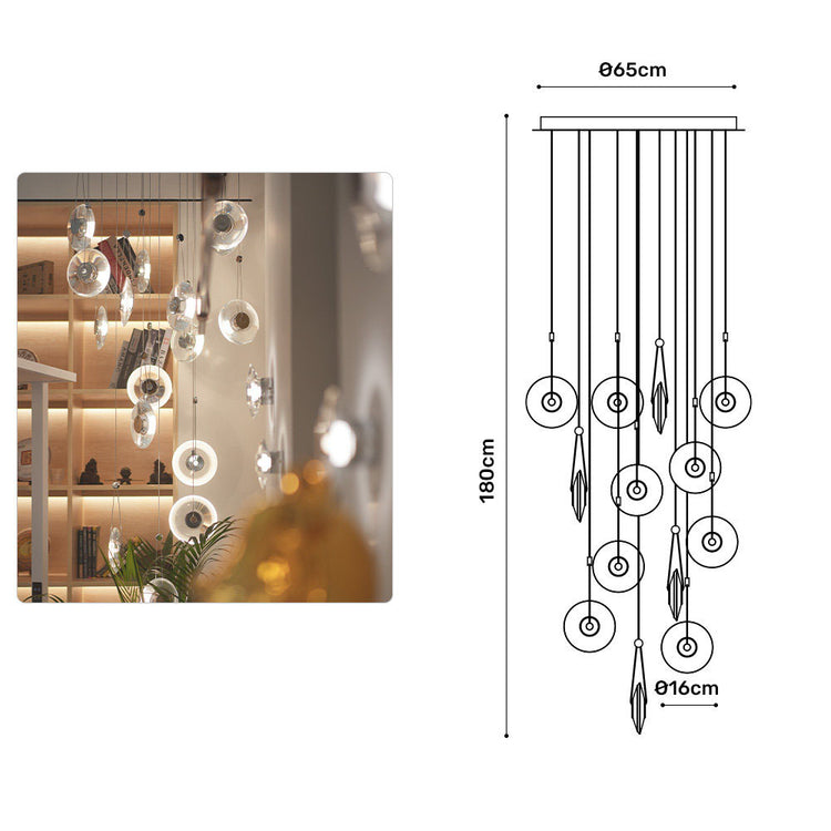 Modern minimalist luxury floating crystal chandelier | Minimalist artistic translucent disc design | Nordic style lighting fixture for living room, dining room, and staircase.